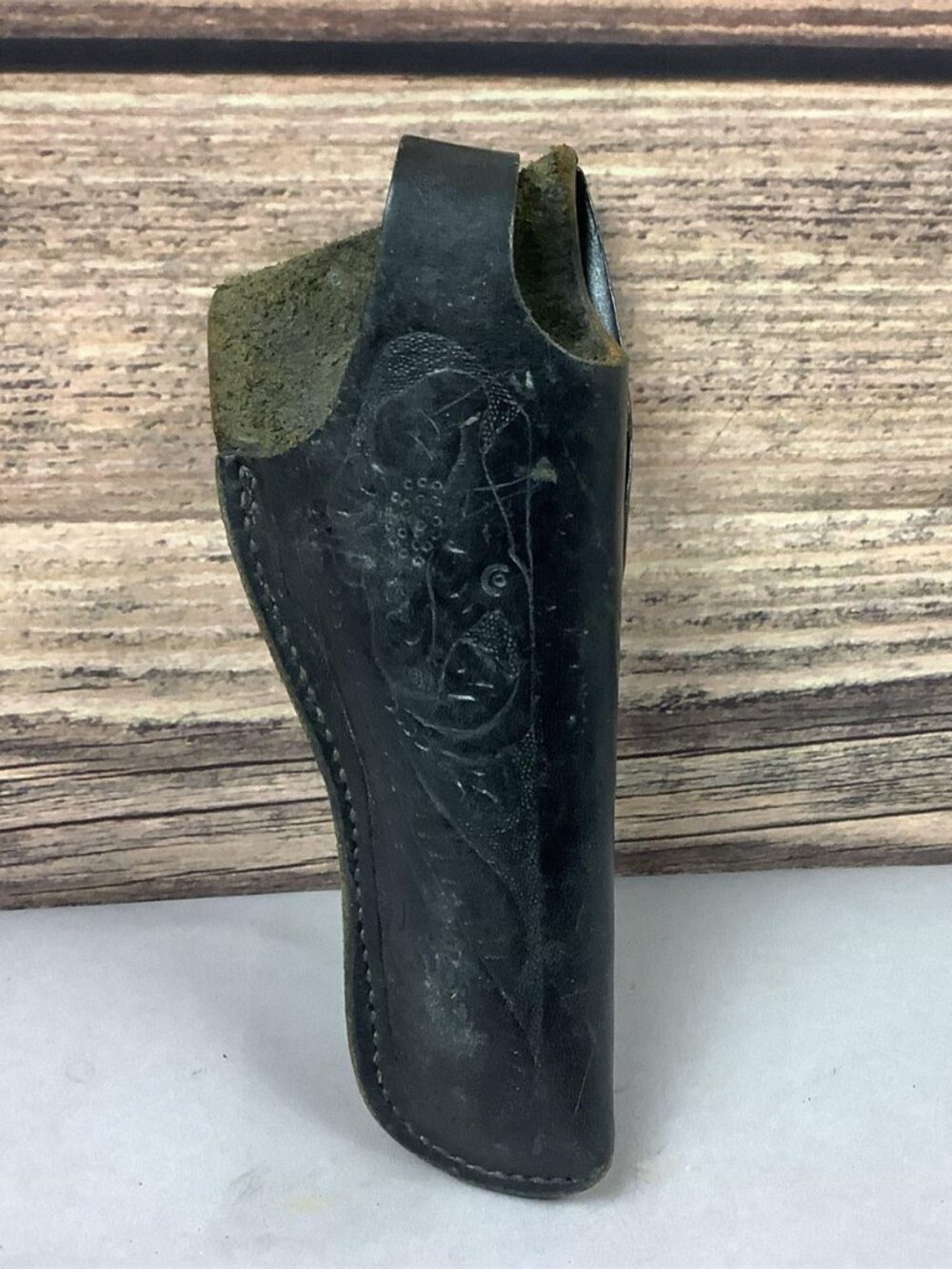Vintage Black Leather Gun Holster Tooled Floral Design Right Hand Belt Holster